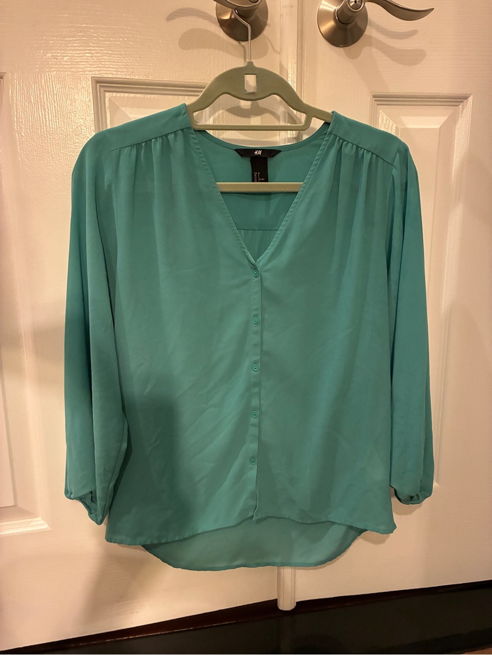 H&M Turquoise Button-Front V-Neck Blouse